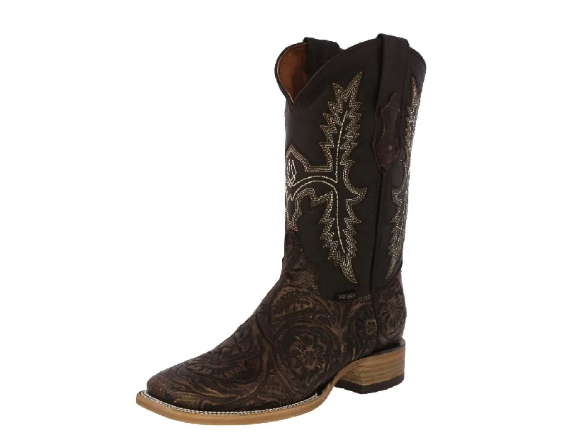 Mens Brown Cowboy Boots Floral Hand Toole Leather - Square Toe